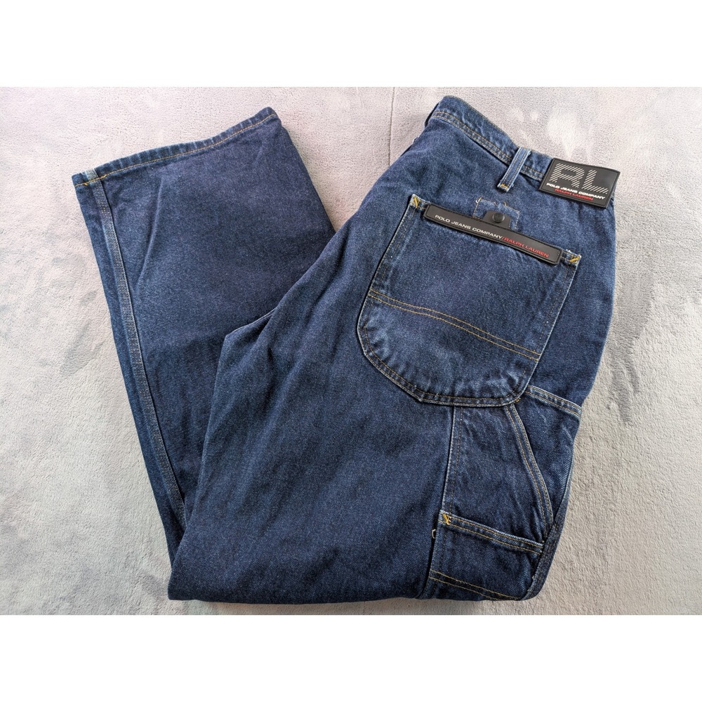Polo Jeans Co Ralph Lauren Mens 34x30 Carpenter Jeans Baggy Rubber Trim Blue
